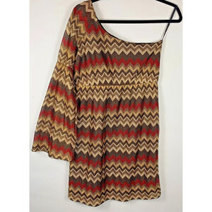 Judith March One Shoulder Dress Womens Red Brown Chevron Pattern Bell Sleeve Y2K